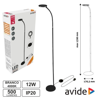 Candeeiro de Pé LED 12W 4000K 500lm Preto IP20 AVIDE