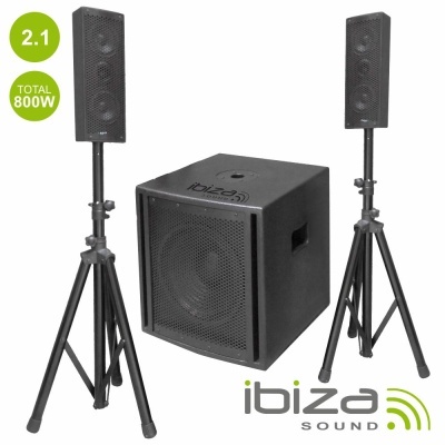 Conjunto de colunas de som Ibiza Sound 2.1 com subwoofer e colunas em suportes pretos