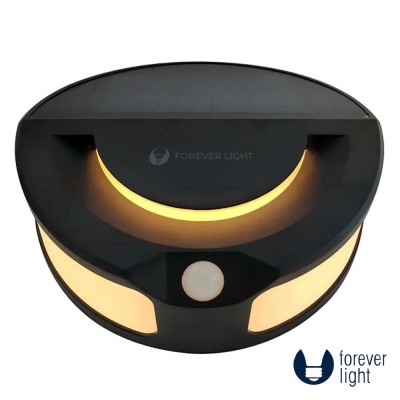 Luz de parede redonda preta com sensor e iluminação amarela