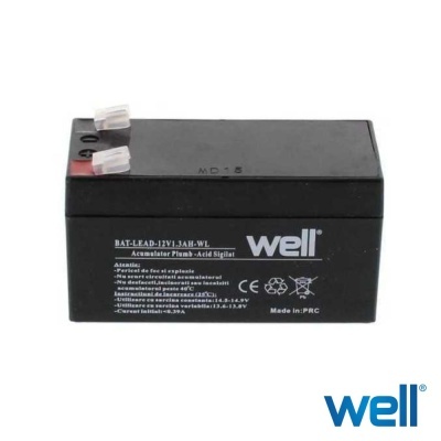 Bateria selada de chumbo-ácido preta Well com texto branco e terminais vermelhos e brancos