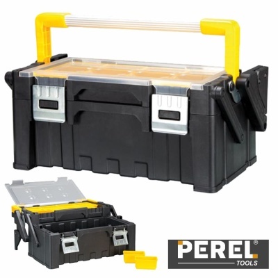 Caixa de ferramentas preta e amarela Perel com tampa transparente e alça amarela