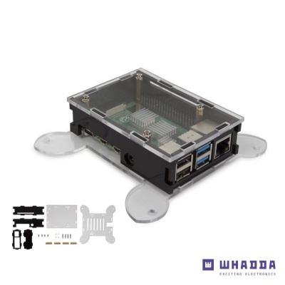 Caixa protetora preta com tampa transparente e quatro pés circulares para placa eletrónica