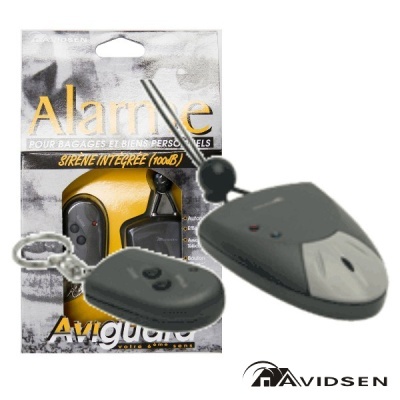 Alarme preto e cinzento com botão, embalado em caixa cinzenta com texto amarelo e branco Avidsen