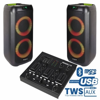 Conjunto de colunas pretas com luzes LED circulares coloridas e mesa de mistura preta com botões e sliders, logos de funcionalidades