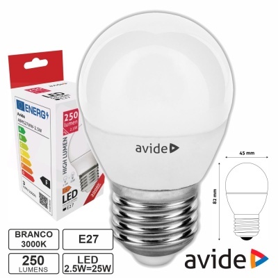 Lâmpada LED avide E27 2,5W luz branca 3000K com embalagem e esquema de dimensões