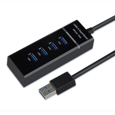 Concentrador USB 3.0 preto com quatro portas e cabo USB tipo A