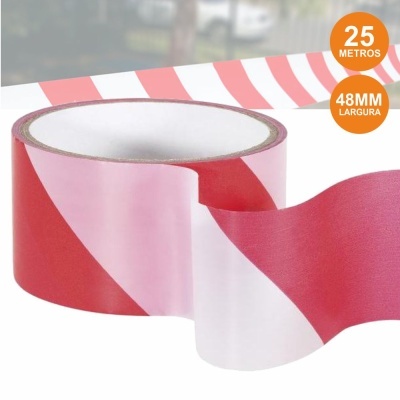 Rolo de fita adesiva vermelha e branca com texto 25 METROS e 48MM LARGURA