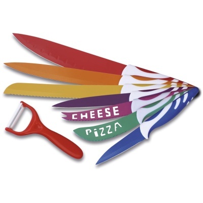 Conjunto de seis facas de cozinha coloridas e descascador vermelho