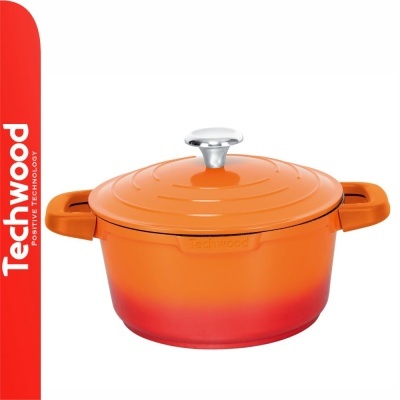 Caçarola de ferro fundido laranja e vermelho com tampa e alças, marca Techwood
