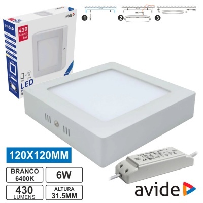 luminária LED quadrada branca Avide com transformador e embalagem