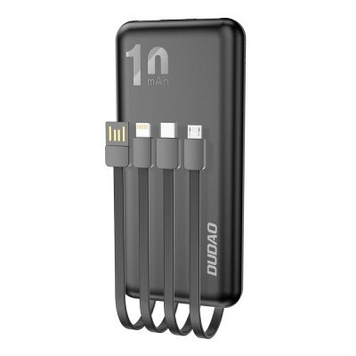 Powerbank preto com quatro cabos integrados e texto '10 mAh' e 'DUDAO'