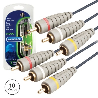 Cabo de vídeo estéreo com conectores RCA branco, vermelho e amarelo em embalagem azul e verde