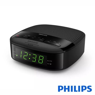 Rádio despertador preto Philips com visor digital verde