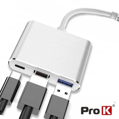 Adaptador Pro K multiportas prateado com entradas USB-C, HDMI e USB