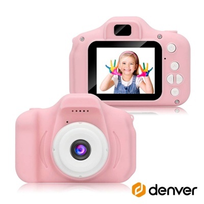 Câmara digital infantil cor-de-rosa com ecrã LCD a mostrar menina e logotipo denver