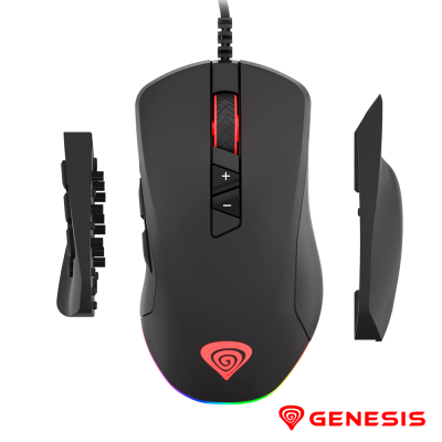 Rato de computador preto com iluminação RGB e painéis laterais removíveis