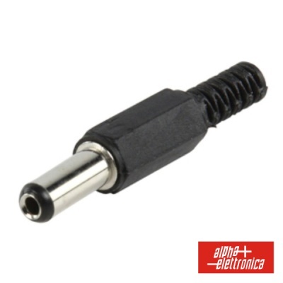 Conetor de energia DC masculino preto com ponta metálica prateada e mola protetora