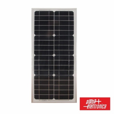 Painel solar monocristalino preto com moldura branca e logo Alpha Elettronica