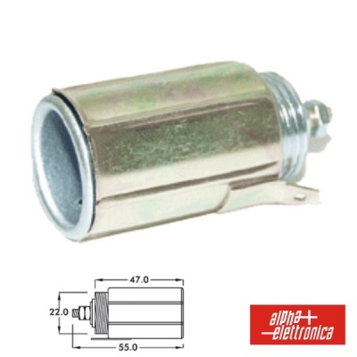 interruptor ou sensor eléctrico metálico prateado com desenho técnico e logótipo alpha elettronica