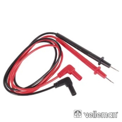 Cabos de teste para multímetro vermelho e preto com conectores em ângulo e logo Velleman