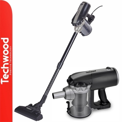 aspirador vertical preto e cinza Techwood com reservatório translúcido