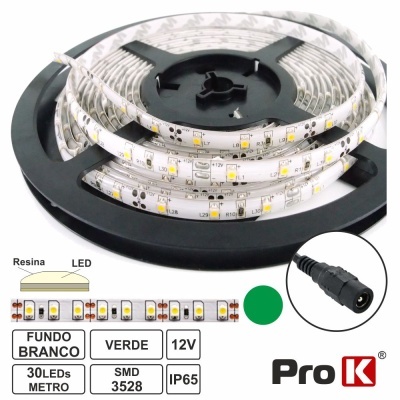 Rolo de fita LED branca com especificações e conector preto