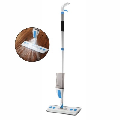 Mopa spray branco e azul com depósito transparente para limpar chão de madeira