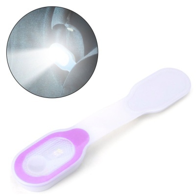 Mini lâmpada LED portátil branca com detalhes lilás e luz branca ligada