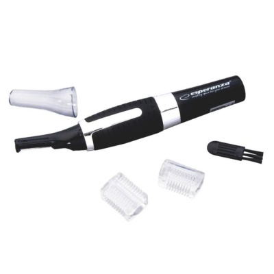 Aparelho de corte de pêlos preto com acessórios transparentes e escova de limpeza