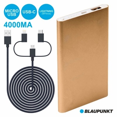 Bateria portátil dourada Blaupunkt com cabo preto de três conectores