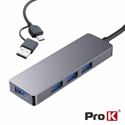 Hub USB cinzento com quatro portas azuis e cabo USB e USB-C preto, logótipo Pro K