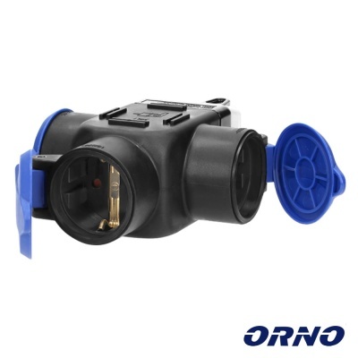 Tomada elétrica trifásica preta com tampas azuis e contactos metálicos