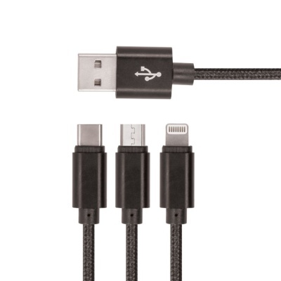 Cabo USB preto com três conectores diferentes e revestimento trançado