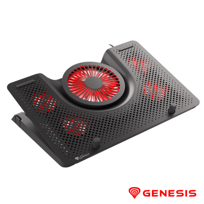 Base para portátil preta com ventoinhas vermelhas e logótipo Genesis