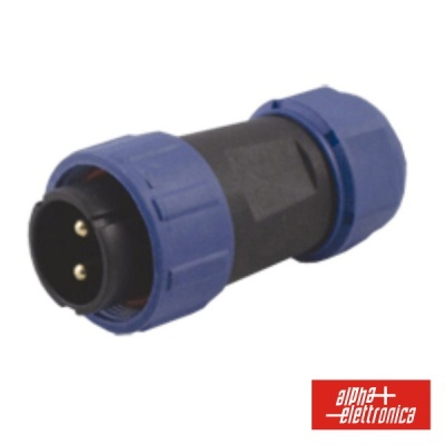 Conector elétrico preto com tampas roxas e dois pinos sobre fundo branco