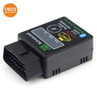 Dispositivo adaptador OBD2 Bluetooth preto com conector macho e texto colorido