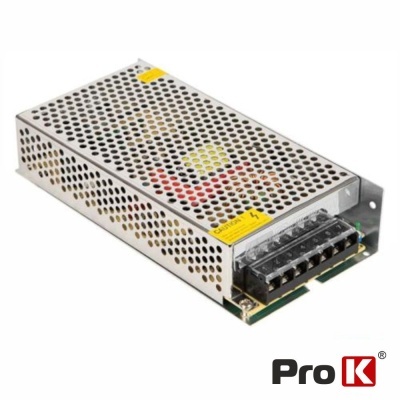 Fonte de alimentação metálica perfurada com conectores e etiquetas amarelas