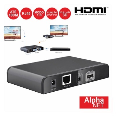 Dispositivo Alpha NET preto com portas HDMI e RJ45 e ícones de funcionalidades em fundo branco.