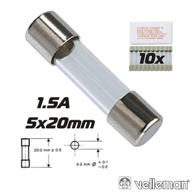 Fusível de vidro 1.5A 5x20mm com embalagem e esquema técnico