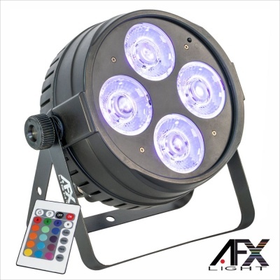 Luz LED de palco preta com quatro focos azuis e controlo remoto colorido