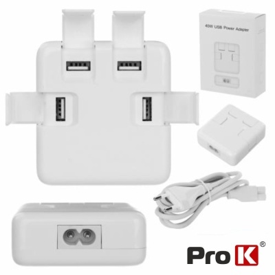 Adaptador de energia USB ProK branco com 4 portas USB e cabo elétrico