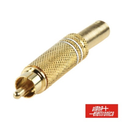 Conector RCA dourado com corpo texturizado e logótipo alpha elettronica