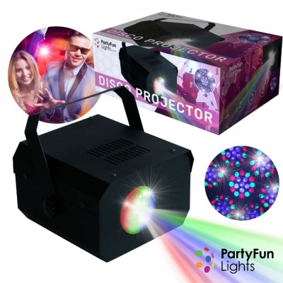 Projetor disco preto com luzes coloridas e embalagem com design colorido