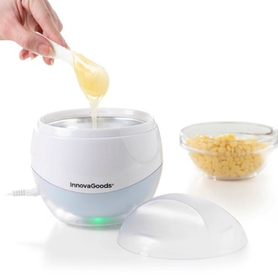 Depiladora elétrica InnovaGoods branca com cera quente amarela e espátula, com taça de vidro a fundo