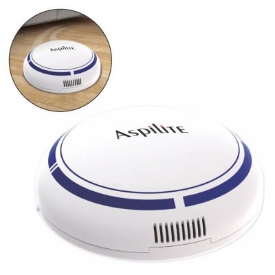 Robô aspirador branco com detalhes azuis e marca Aspilite