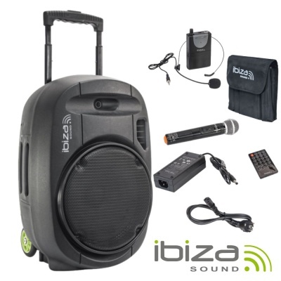 Coluna de som portátil preta Ibiza Sound com microfone e acessórios