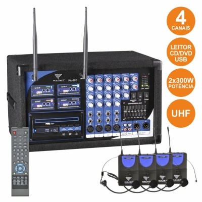 Sistema de som mixer com antenas, leitor CD/DVD/USB e microfones sem fios UHF