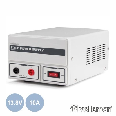 Fonte de alimentação fixa branca Velleman com botões e etiquetas pretas e vermelhas