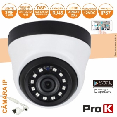 Câmara de segurança IP branca com base preta e LEDs circulares