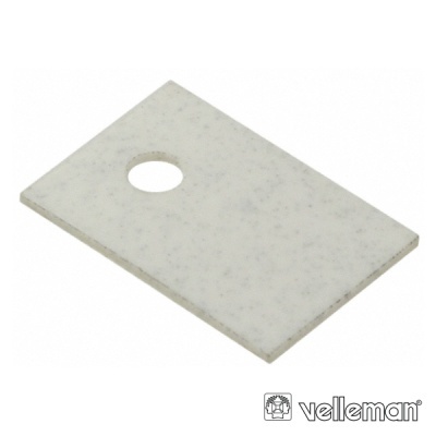 Placa retangular branca com buraco circular e logotipo Velleman